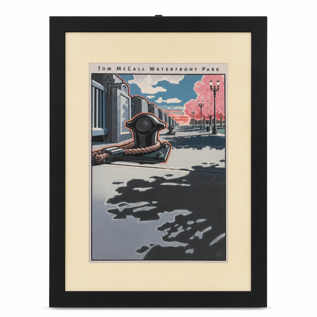 Multicolored print of Tom McCall Waterfront Park by Jeff Foster with poster-style graphic lines