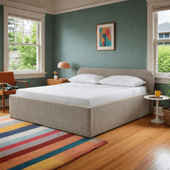 Multnomah Queen Bed Frame in Altro Kit lifestyle setting - queen upholstered bed private label - Whats New Furniture Portland OR