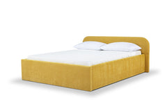 Multnomah Queen Bed Frame in Dine Mustard side angle - queen upholstered bed private label - Whats New Furniture Portland OR