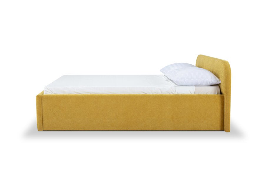 Multnomah Queen Bed Frame in Dine Mustard detail view - queen upholstered bed private label - Whats New Furniture Portland OR