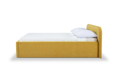 Multnomah Queen Bed Frame in Dine Mustard detail view - queen upholstered bed private label - Whats New Furniture Portland OR