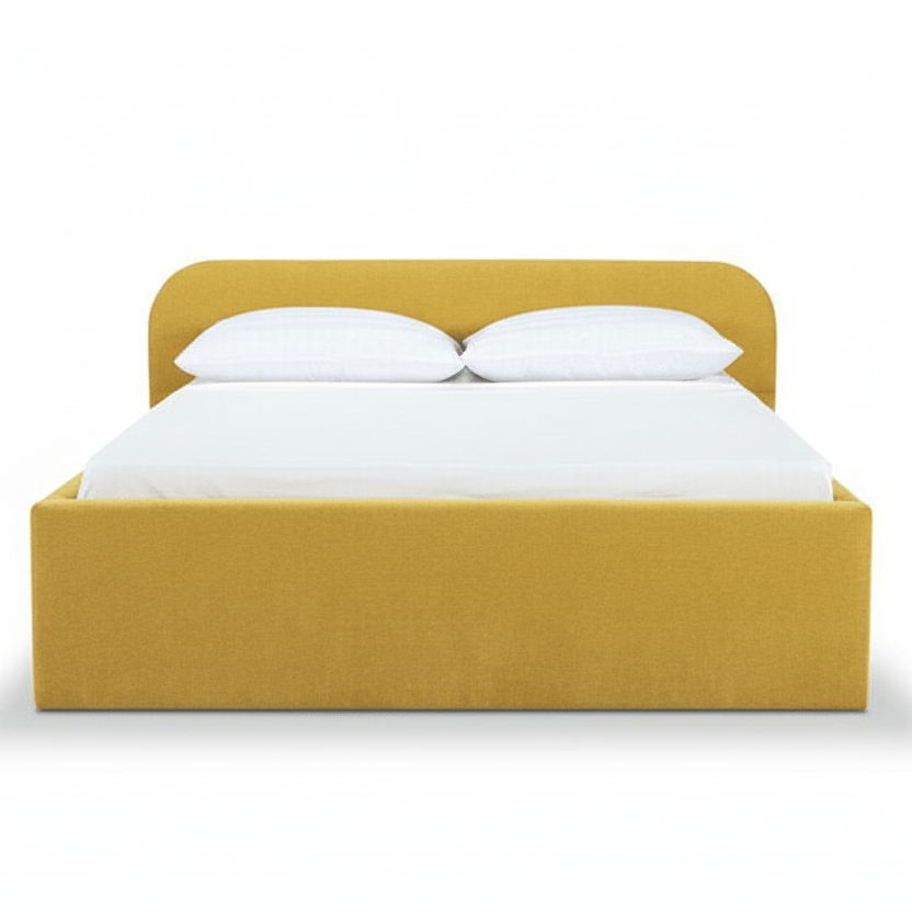 Multnomah Queen Bed Frame in Dine Mustard - queen upholstered bed private label - Whats New Furniture Portland OR