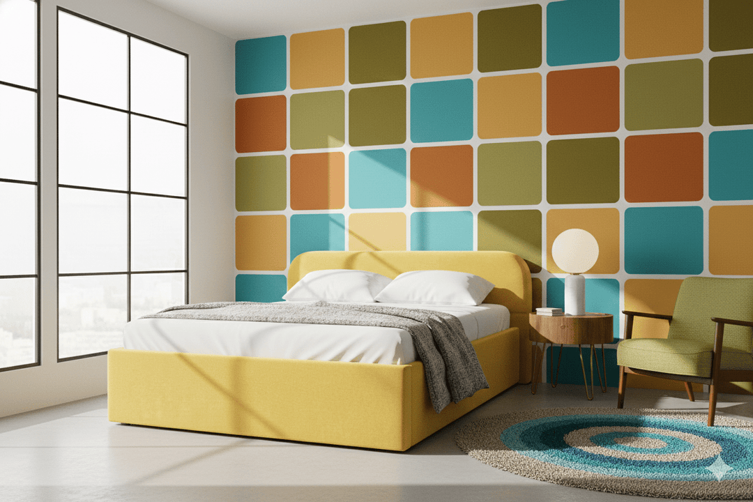 Multnomah Queen Bed Frame in Dine Mustard lifestyle setting - queen upholstered bed private label - Whats New Furniture Portland OR