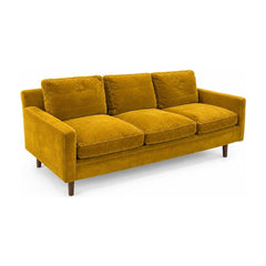 Mustard Yellow 1960s velvet sofa with a low back and long seat by Dunbar - Whats New Furniture Portland OR