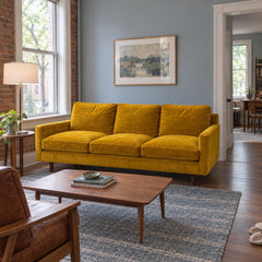 1960s Velvet Sofa by Dunbar in Yellow styled in a Portland home - Whats New Furniture