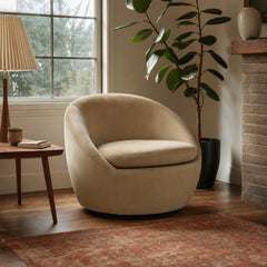 Myernick Velvet Upholstered Swivel Accent Chair Camel styled in Portland Mt. Tabor mid-century daylight ranch living room - What&