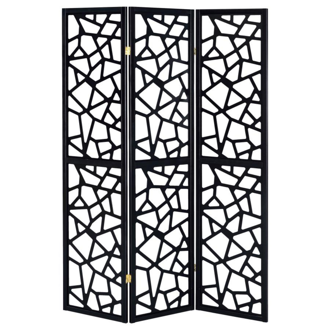 Nailan 3-Panel Room Divider in black side angle - mosaic cutout folding screen by Coaster - Whats New Furniture Portland OR