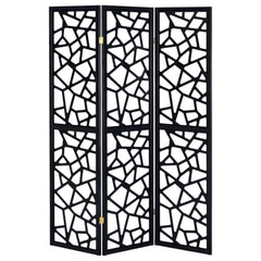 Nailan 3-Panel Room Divider in black side angle - mosaic cutout folding screen by Coaster - Whats New Furniture Portland OR
