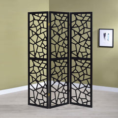 Nailan 3-Panel Room Divider in black detail view - mosaic cutout folding screen by Coaster - Whats New Furniture Portland OR