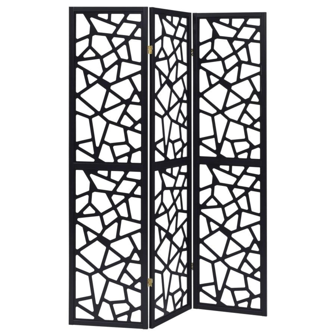 Nailan 3-Panel Room Divider in black - mosaic cutout folding screen by Coaster - Whats New Furniture Portland OR