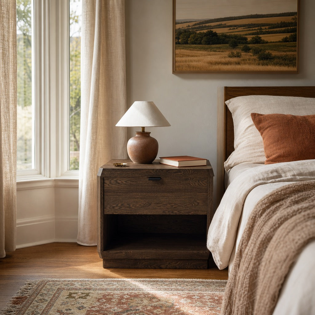 Natu Nightstand in Espresso styled in Portland Sellwood cottage bedroom - Whats New Furniture