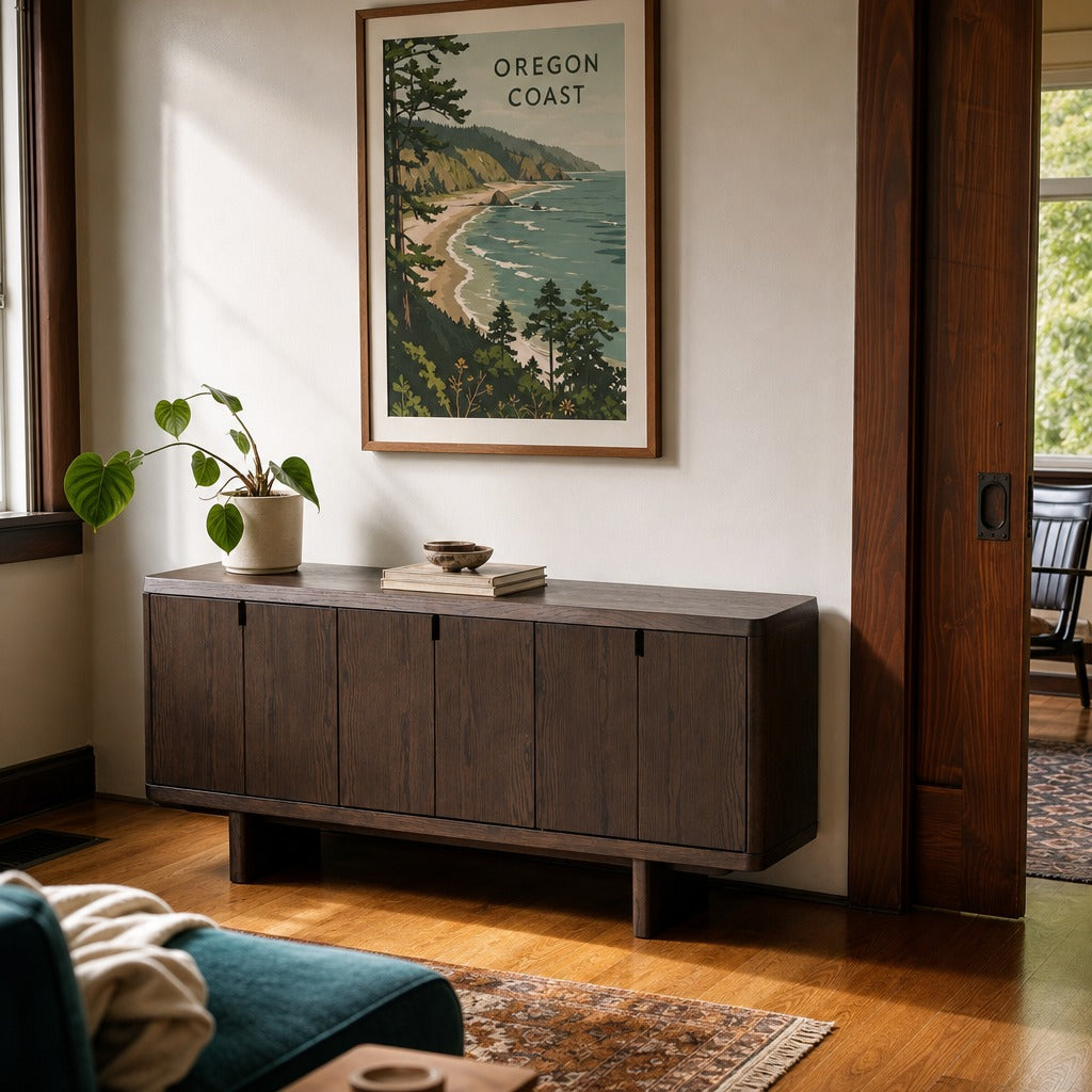 Natu Sideboard in Espresso Oil styled in Portland Laurelhurst Tudor dining room - Whats New Furniture