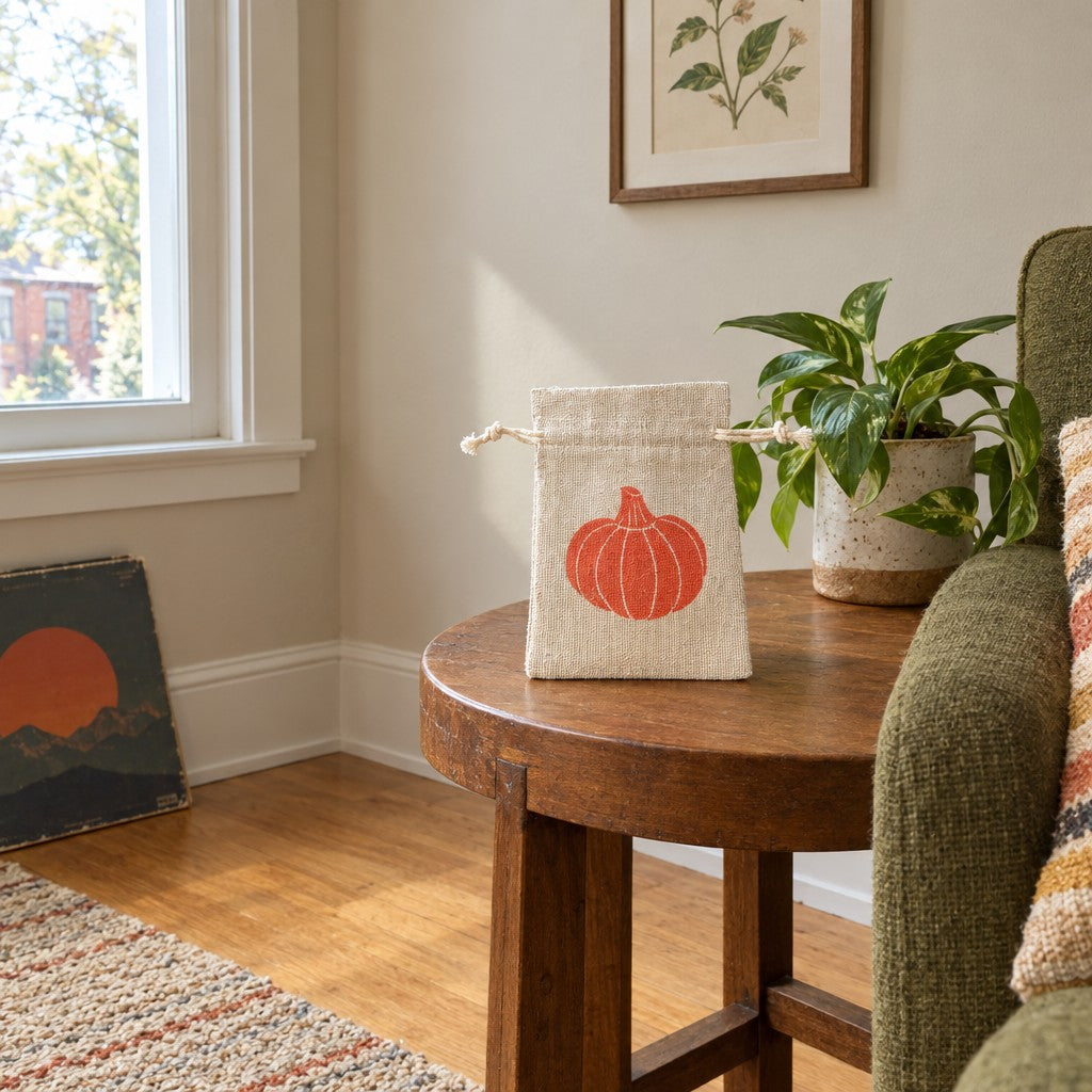 Natural Beige Halloween pumpkin small bag with a slim, flat profile. - detail view 1