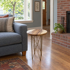 Locally Made Round End Table in Brown styled in a Portland home - Whats New Furniture