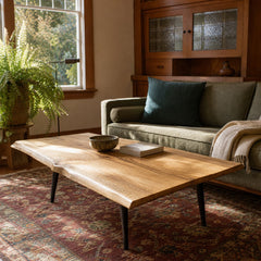 Natural handmade coffee table with a low rectangular wood top. - detail view 1
