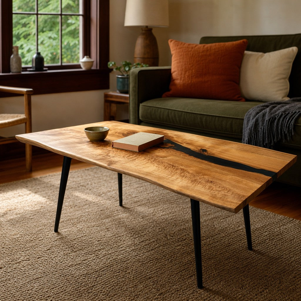 Natural honey wood live-edge coffee table with epoxy-filled grain - detail view 1