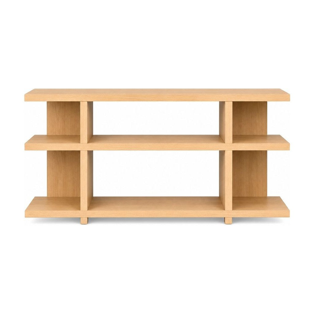 Natural wood low bookcase with open shelves and a simple mid-century silhouette.
