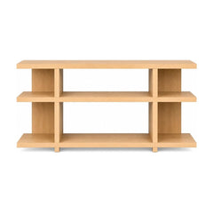 Natural wood low bookcase with open shelves and a simple mid-century silhouette.