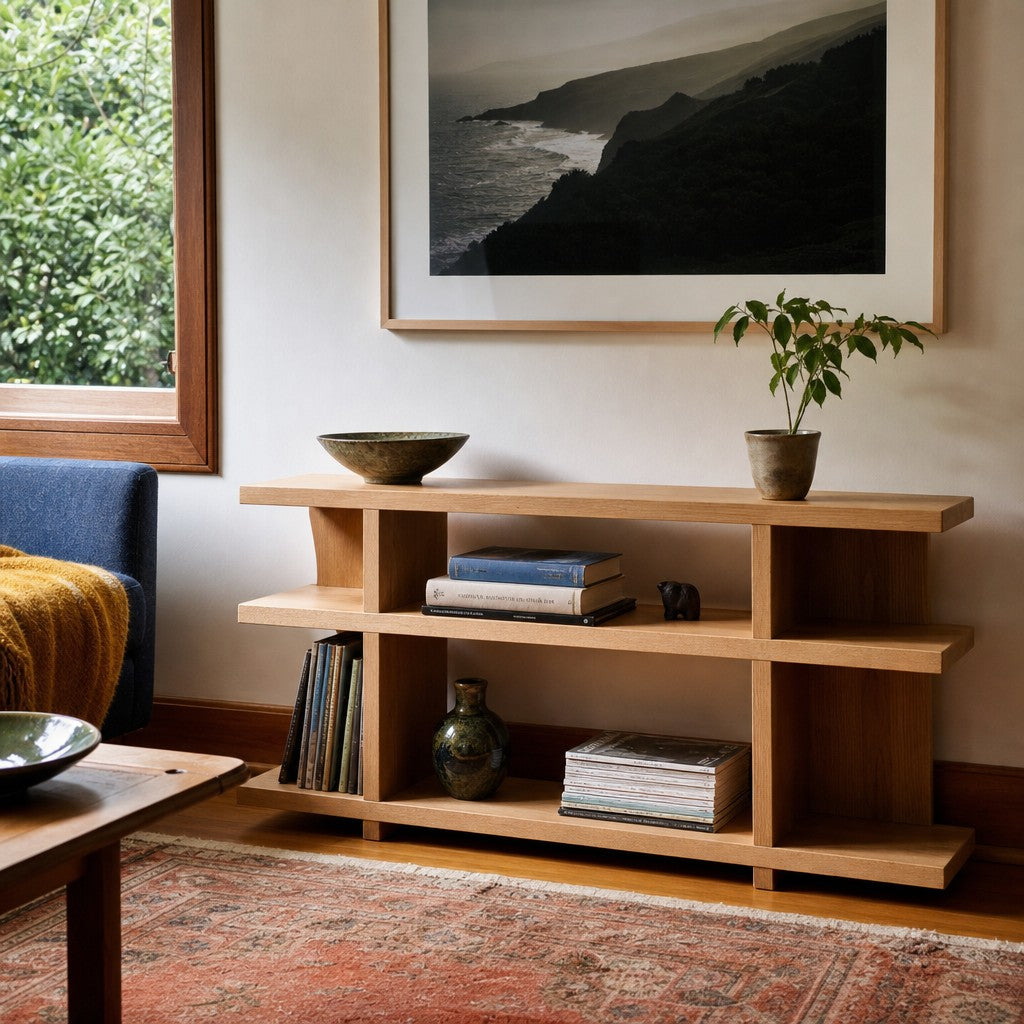 Natural wood low bookcase with open shelves and a simple mid-century silhouette. - detail view 1