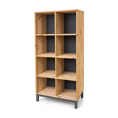 Natural wood bookcase with open shelves and minor damage on the top surface.
