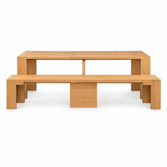 Natural oak mid-century dining table with clean horizontal lines and a long rectangular top