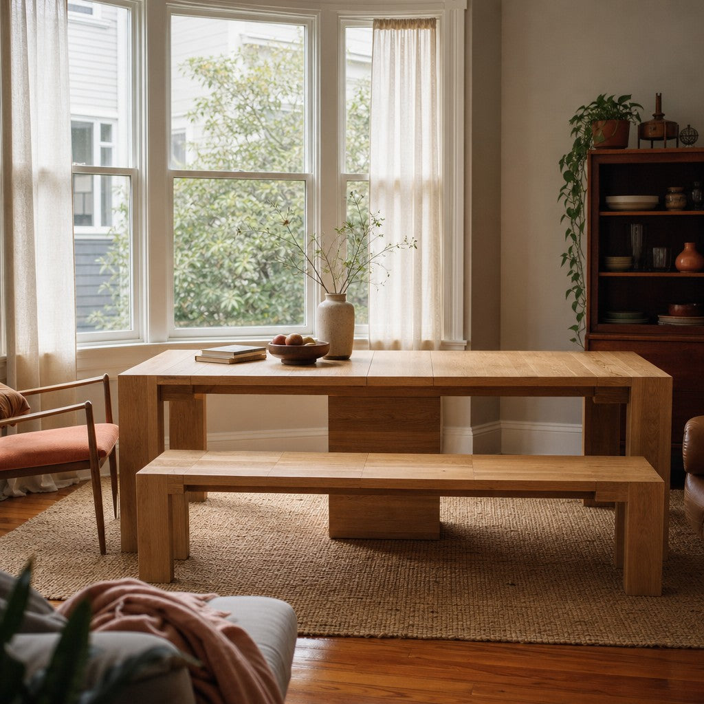 Natural oak mid-century dining table with clean horizontal lines and a long rectangular top - view 2