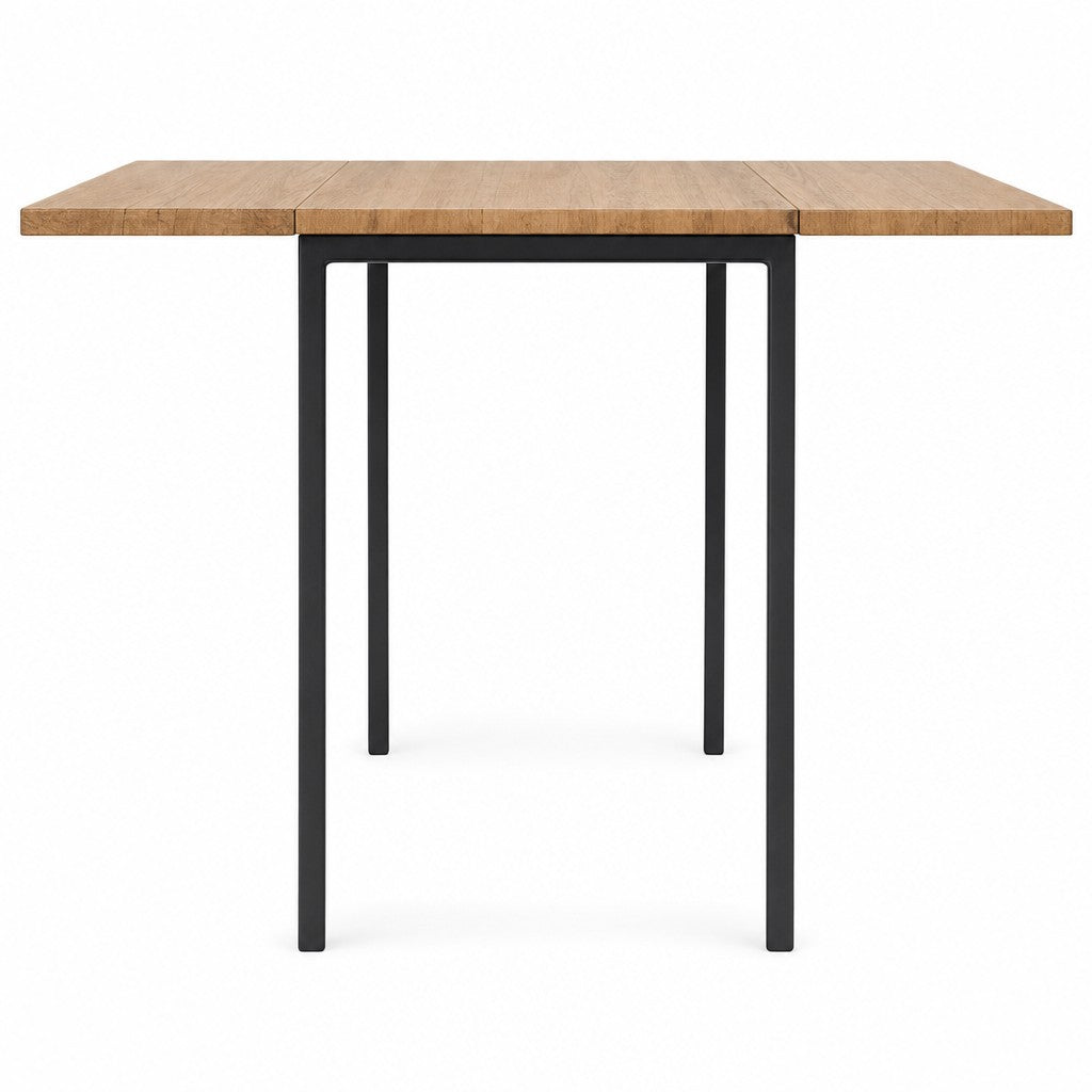 Natural wood and black mid-century dining table with drop leaves