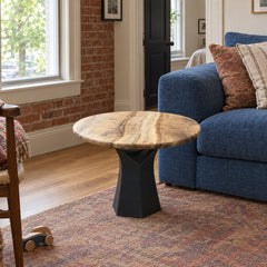 Locally Made Round End Table in Natural styled in a Portland home - Whats New Furniture