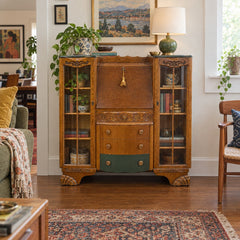 Natural wood secretary desk with tall slim proportions and drop-front silhouette. - detail view 1