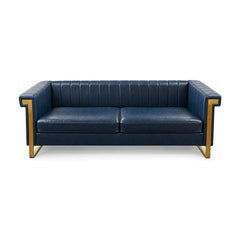 Navy Blue Art Deco sofa in vinyl with gold accent legs - Whats New Furniture Portland OR