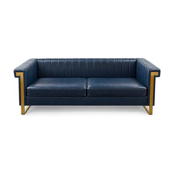 Navy Blue Art Deco sofa in vinyl with gold accent legs - Whats New Furniture Portland OR