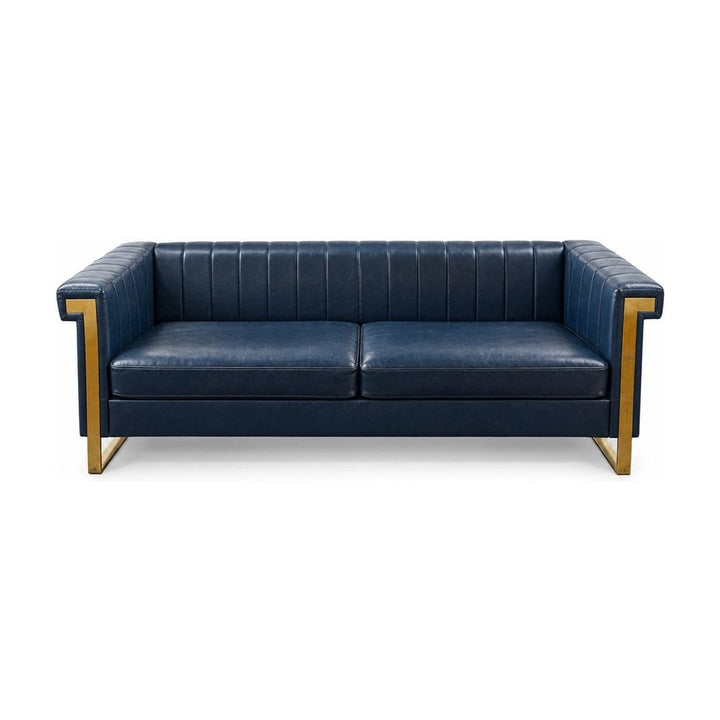 Navy Blue Art Deco sofa in vinyl with gold accent legs - Whats New Furniture Portland OR