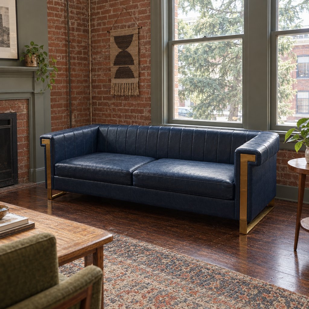 Art Deco Vinyl Sofa with Gold Accent Legs in Navy styled in a Portland home - Whats New Furniture