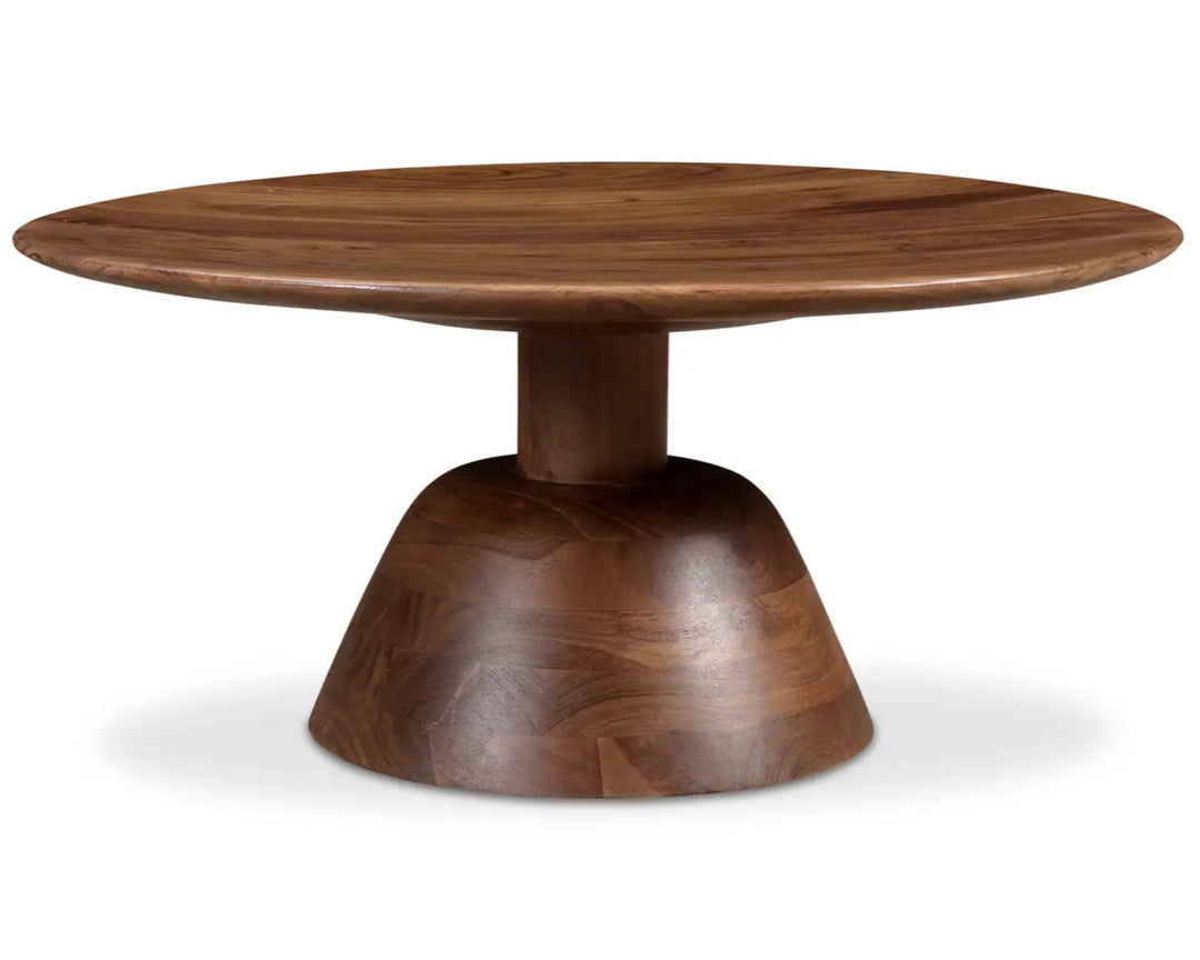 Nels Coffee Table in Dark Brown side angle - round pedestal coffee table by Moe&