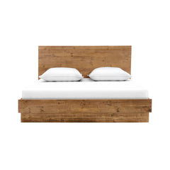 Nevada King Bed Frame in Dark Driftwood dressed front view - king reclaimed pine bed frame by LH Imports - Whats New Furniture Portland OR