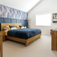 Nevada King Bed Frame in Dark Driftwood alternate lifestyle setting - king reclaimed pine bed frame by LH Imports - Whats New Furniture Portland OR