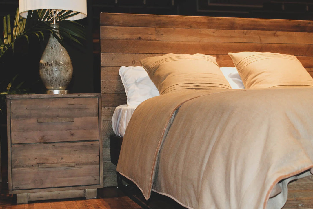 Nevada King Bed Frame in Dark Driftwood lifestyle setting - king reclaimed pine bed frame by LH Imports - Whats New Furniture Portland OR