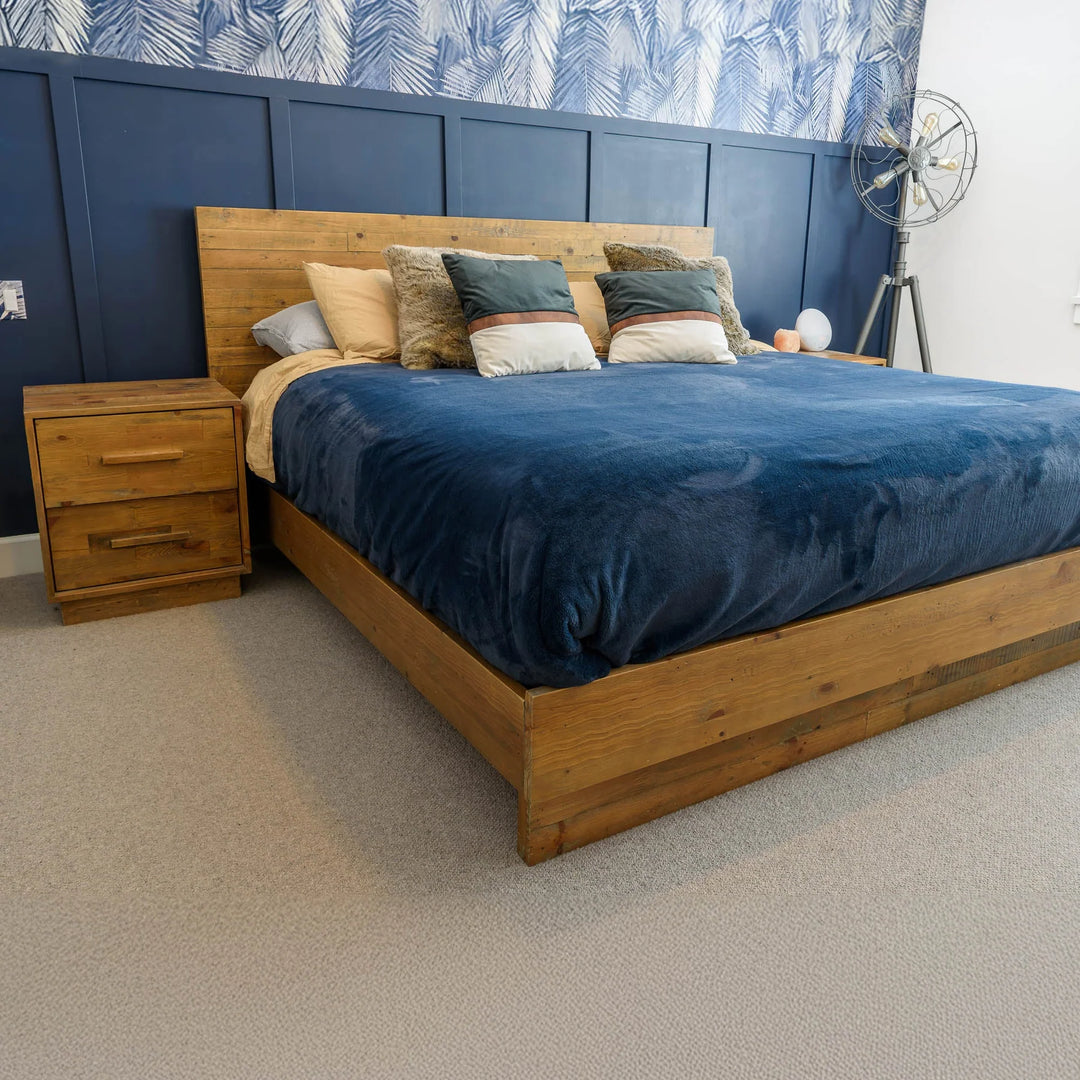 Nevada King Bed Frame in Dark Driftwood showroom angle - king reclaimed pine bed frame by LH Imports - Whats New Furniture Portland OR