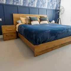 Nevada King Bed Frame in Dark Driftwood showroom angle - king reclaimed pine bed frame by LH Imports - Whats New Furniture Portland OR