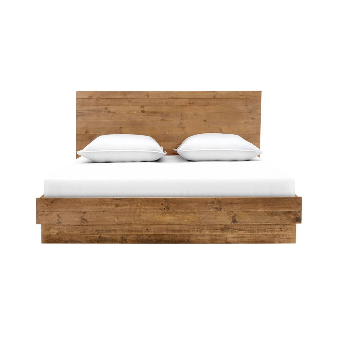 Nevada Queen Bed Frame in Dark Driftwood dressed front view - queen reclaimed pine bed frame by LH Imports - Whats New Furniture Portland OR