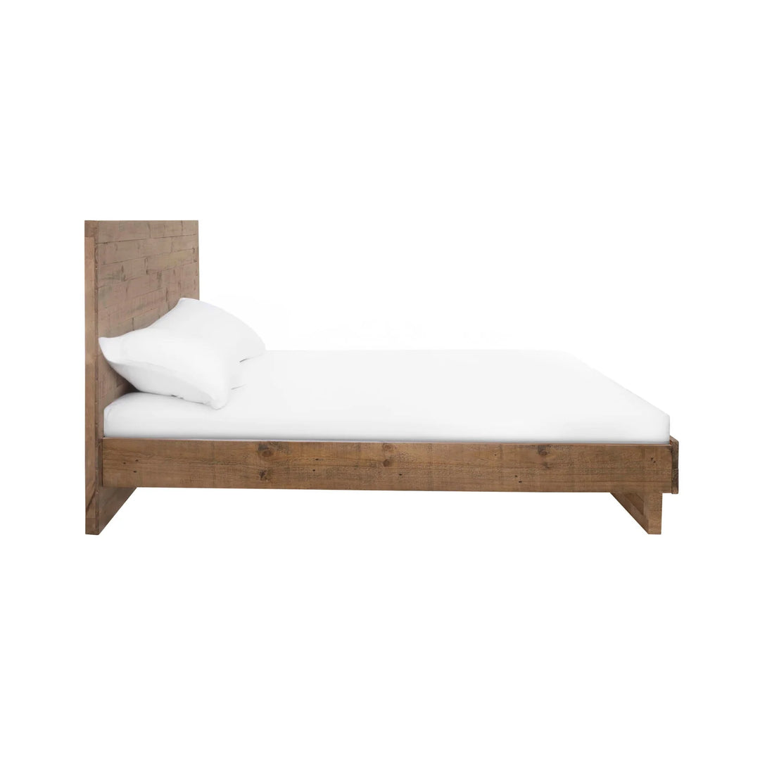 Nevada Queen Bed Frame in Dark Driftwood dressed side view - queen reclaimed pine bed frame by LH Imports - Whats New Furniture Portland OR