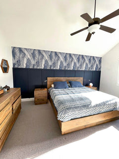 Nevada Queen Bed Frame in Dark Driftwood alternate lifestyle setting - queen reclaimed pine bed frame by LH Imports - Whats New Furniture Portland OR