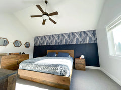 Nevada Queen Bed Frame in Dark Driftwood lifestyle setting - queen reclaimed pine bed frame by LH Imports - Whats New Furniture Portland OR