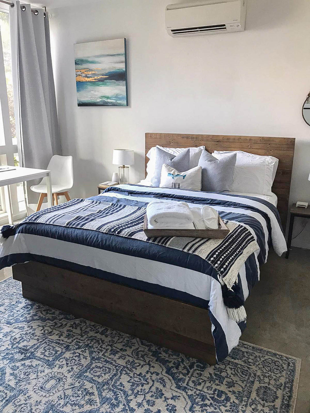 Nevada Queen Bed Frame in Dark Driftwood showroom room setting - queen reclaimed pine bed frame by LH Imports - Whats New Furniture Portland OR