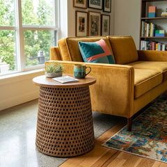 Kamari Rattan Side Table styled in a bright Portland mid-century modern interior - Whats New Furniture