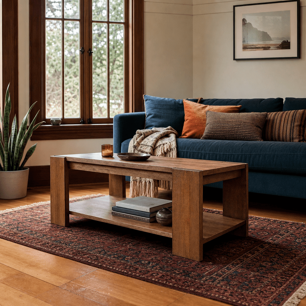 Morton Rectangular Coffee Table in Rustic Walnut in Default Title styled in a Portland home - Whats New Furniture