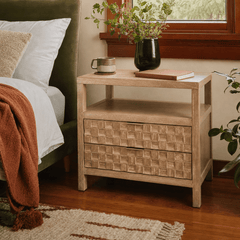 Terrena Nightstand/Side Table 2 Drawers in Walnut styled in a Portland home - Whats New Furniture