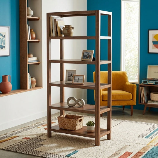 Trevin KD Bookcase styled in a bright Portland mid-century modern living room - Whats New Furniture