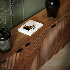 Nikita Sideboard in Pecan room detail - fluted door sideboard by LH Imports - Whats New Furniture Portland OR