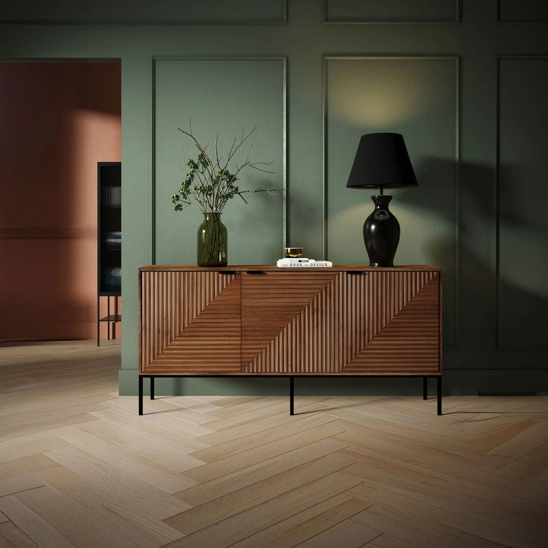 Nikita Sideboard in Pecan room setting - fluted door sideboard by LH Imports - Whats New Furniture Portland OR